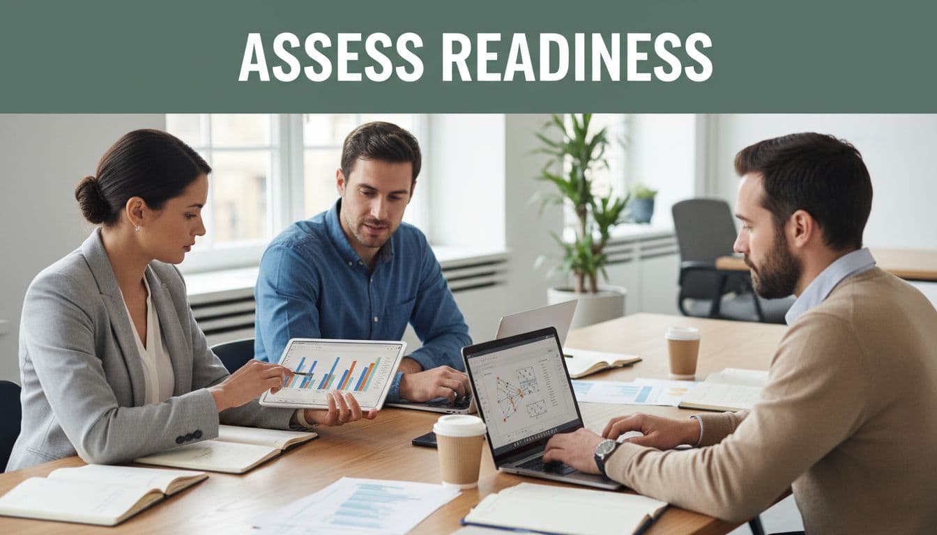 A three-person small business team in a modern office sits around a table reviewing charts and laptops, focused on data planning under a bold 'Assess Readiness' header in a dark-green band.