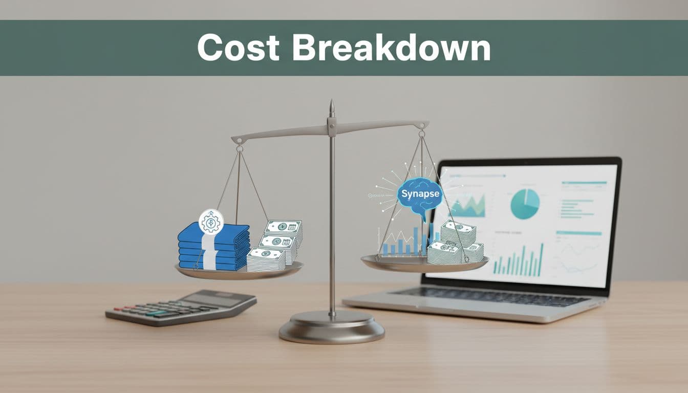 Balanced scales compare Fabric's fixed capacity units and predictable monthly bills on the left against Synapse's variable usage meter and fluctuating bills on the right, on a simple office desk with calculator and laptop showing financial charts.