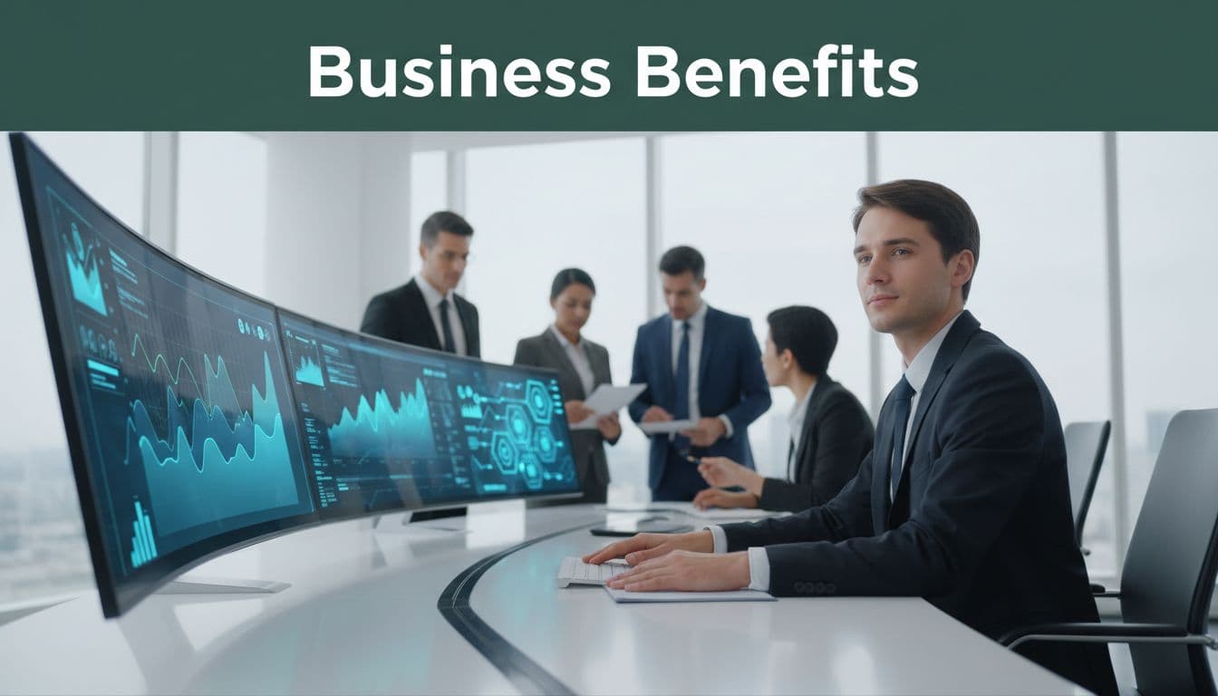 A business executive at a desk analyzes growth charts and AI analytics on a large monitor in a bright office with city view, featuring subtle data pipeline icons and a 'Business Benefits' headline in professional infographic style.