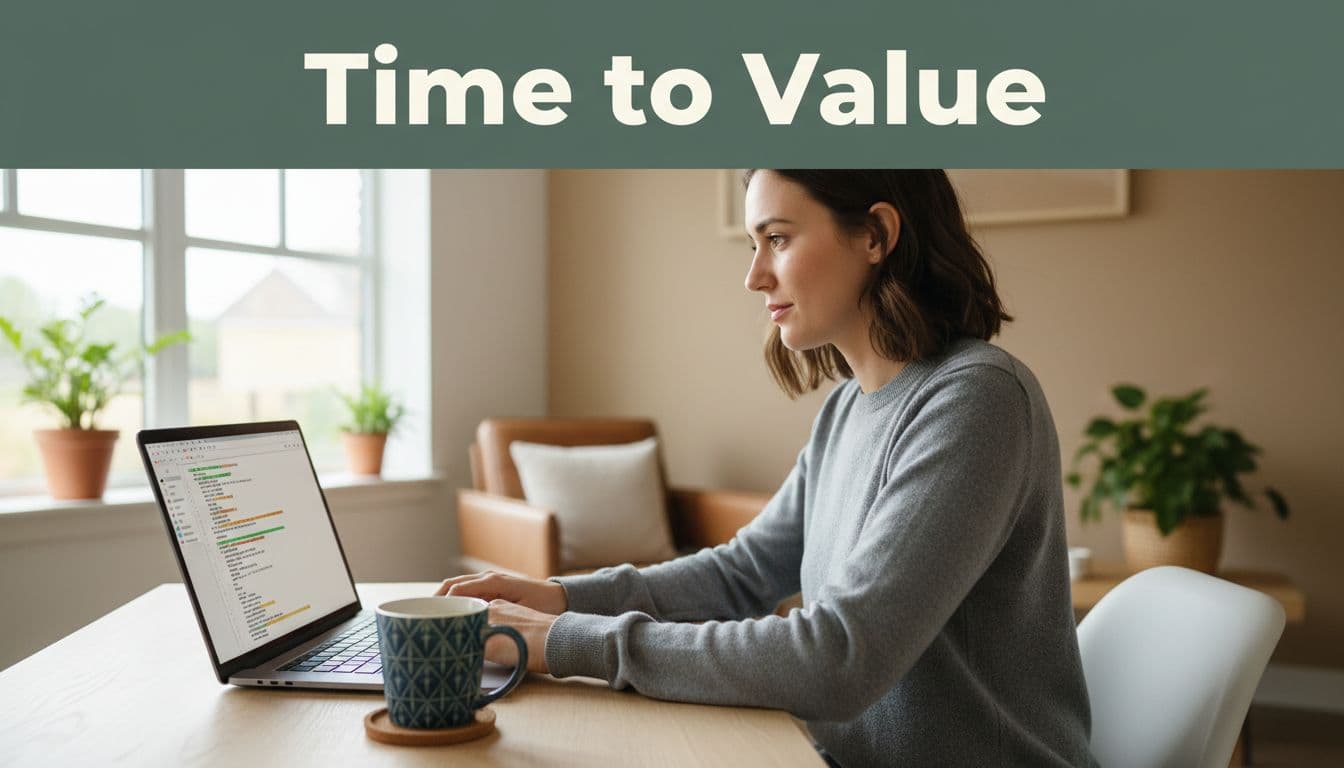 A relaxed data engineer works on a Spark job in a notebook interface on a laptop at a desk in a modern home office, with a coffee mug nearby and soft natural light. Bold 'Time to Value' headline in geometric sans-serif font on an edge-to-edge muted dark-green band near the top.
