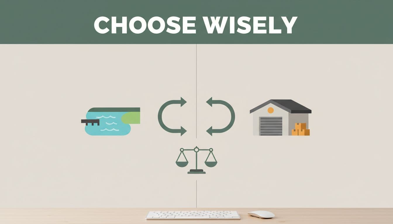 Side-by-side icons of a data lake and data warehouse with arrows showing data flow and a balance scale in a simple workspace desk setting. Bold 'Choose Wisely' headline on a muted dark-green band at the top, clean split-screen composition for small teams decision-making.