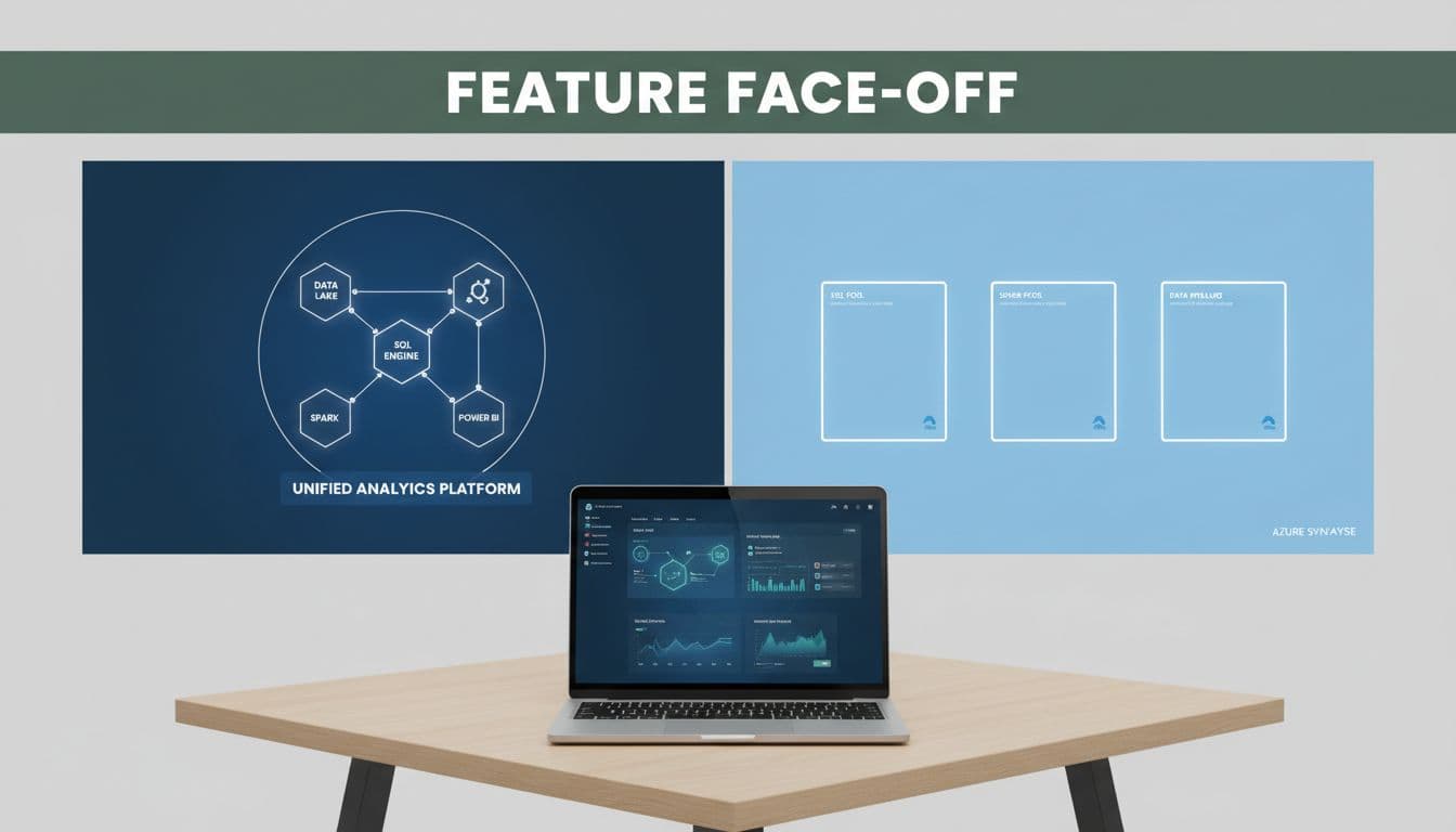 Split-screen comparison: left side unified workspace with connected data lake, SQL, Spark, and Power BI icons; right side separate Azure modular pools for SQL, Spark, and pipelines. Modern desk with laptop showing analytics dashboard below bold 'Feature Face-Off' headline.