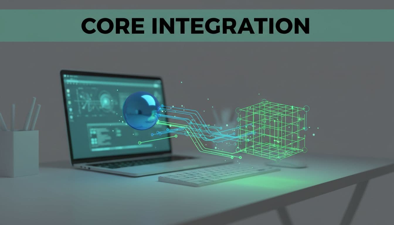 Abstract technical illustration depicting a sleek blue Foundry agent orb connecting to a structured green Fabric data agent mesh via glowing data streams, on a modern office desk with laptop background. Bold 'Core Integration' headline in dark-green band at top, clean high-contrast style with blue-green lighting.