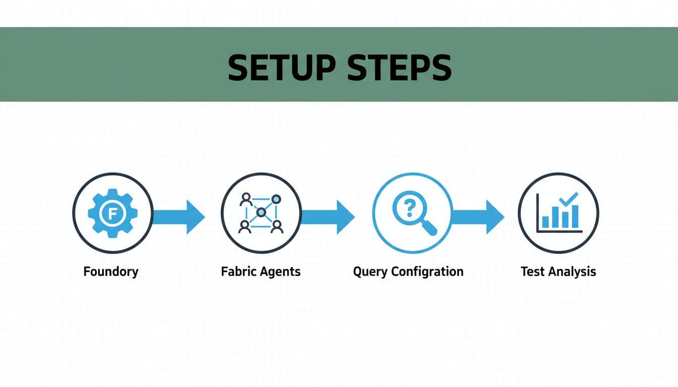 Simple flowchart illustrating integration steps with icons for Foundry setup, Fabric agent connection, query configuration, and analysis testing, connected by arrows on a white background with subtle grid.
