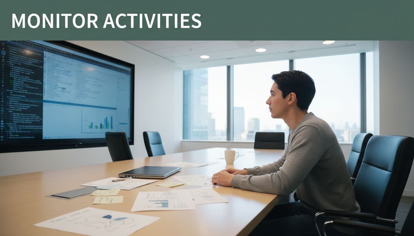 IT admin in a bright conference room intently reviewing security logs and alerts on a large monitor, with team notes on the table, captured from a side angle.