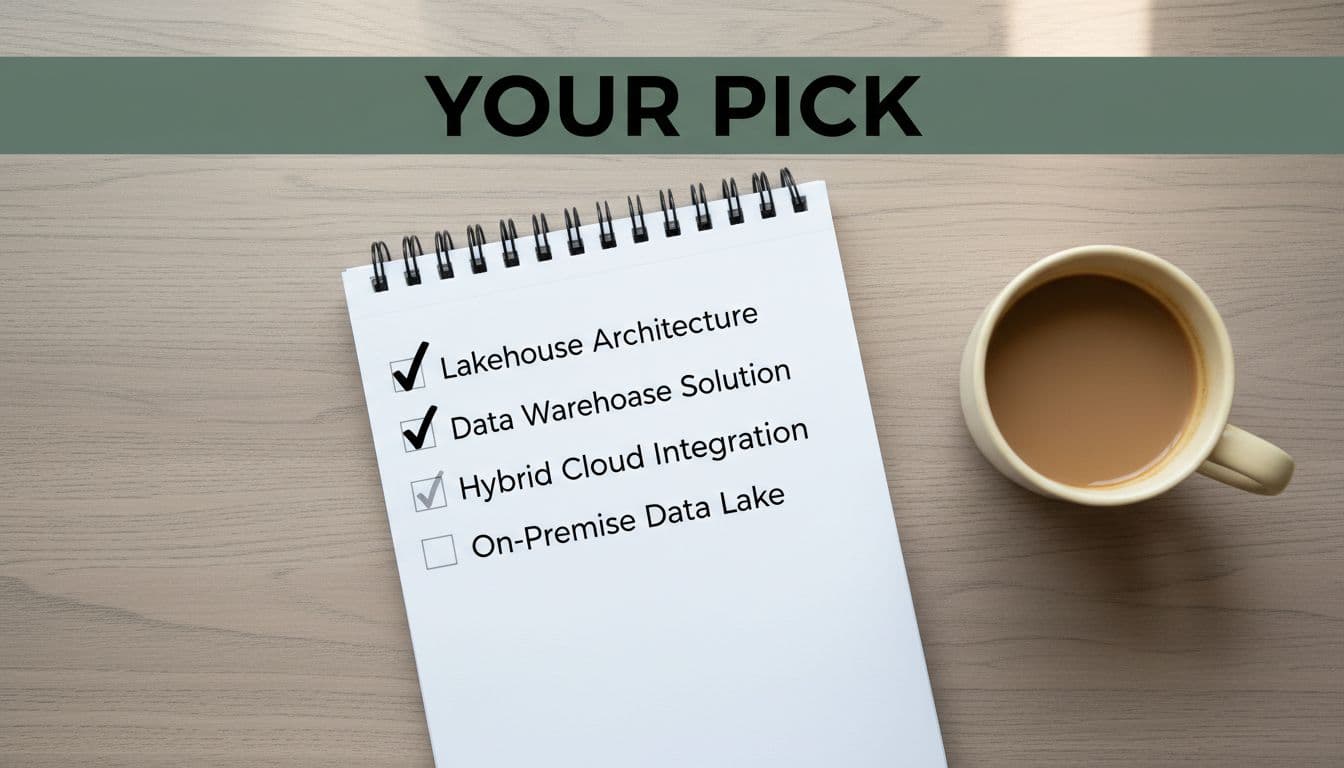 Top-down view of a notepad on a wooden desk featuring a checklist with checkmarks next to Lakehouse Warehouse Hybrid options, a nearby coffee mug, warm natural lighting, and bold 'Your Pick' headline in a dark-green band.