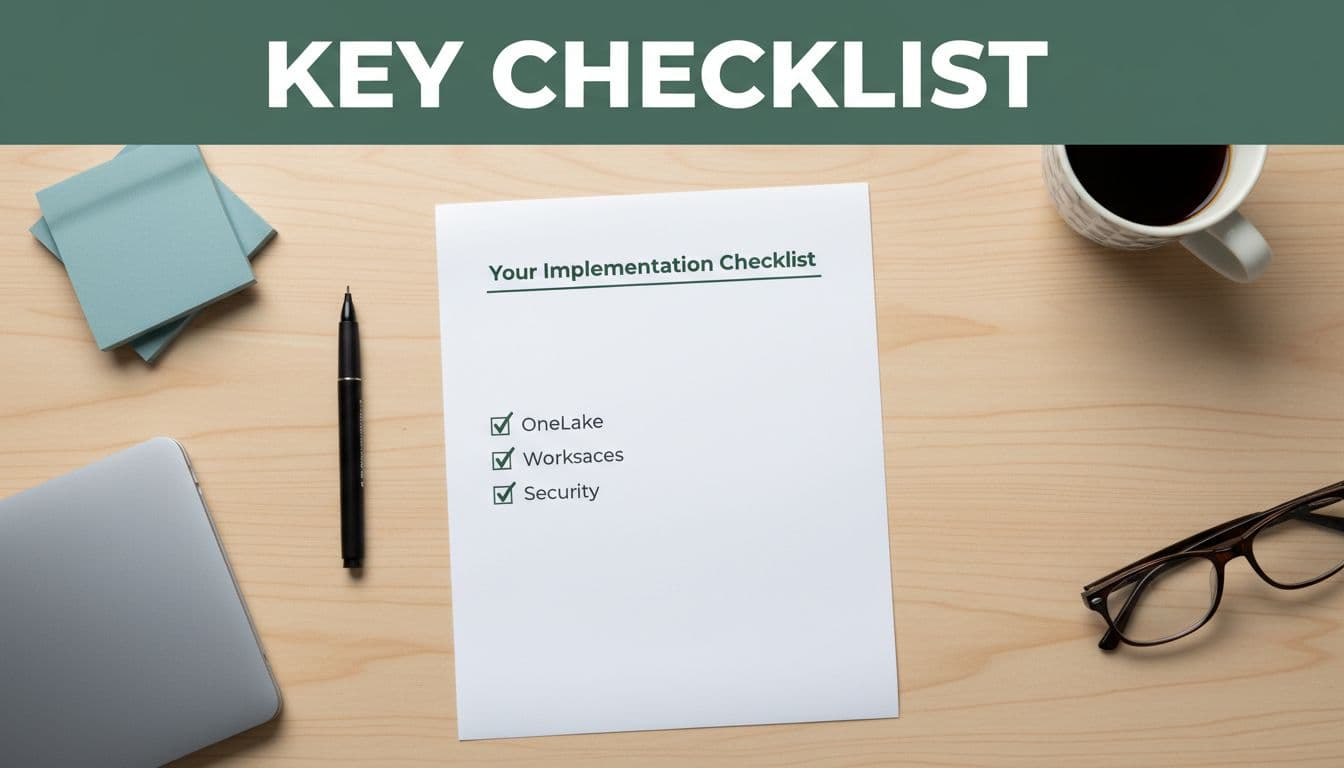 Flat lay top-down view of a checklist document on a desk with checkmarks next to data items like OneLake, workspaces, and security, surrounded by office supplies. Bold 'Key Checklist' headline in Montserrat Black font on a muted dark-green band at the top, high contrast, muted tones.