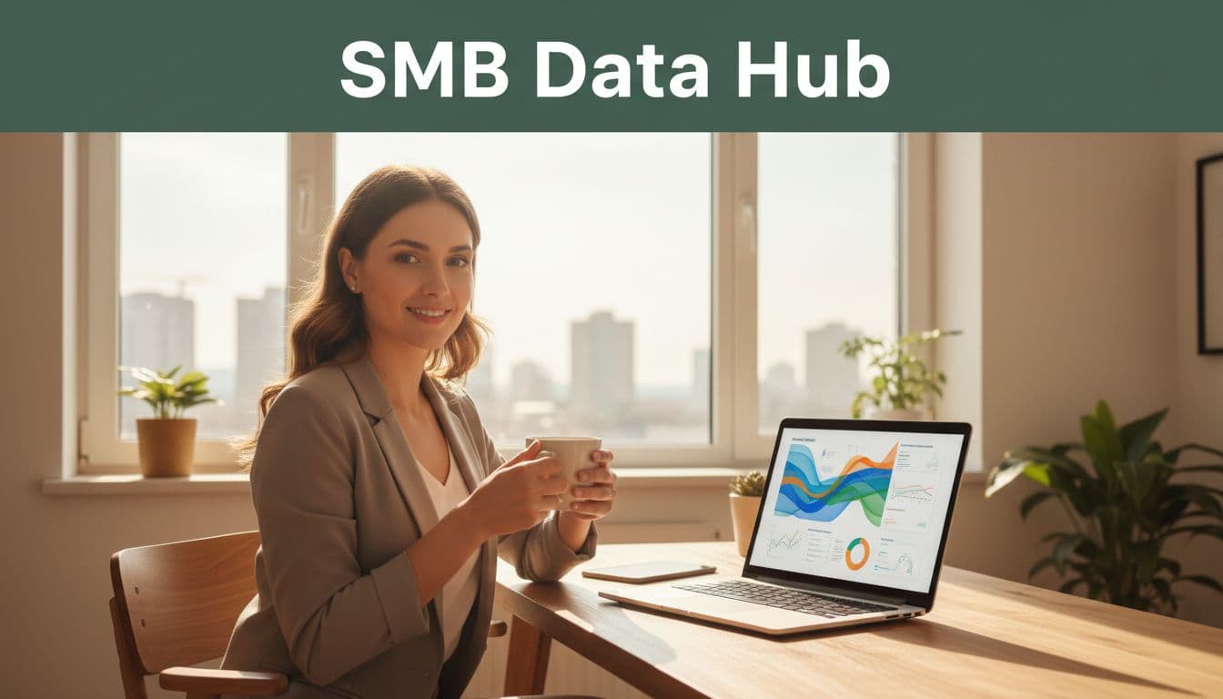 A confident small business owner seated in a bright home office at a wooden desk with a laptop showing an abstract data visualization dashboard blending sales, finance, and customer data, topped with the headline 'SMB Data Hub'. Realistic photo style with soft natural lighting, warm tones, and a city view through the window.
