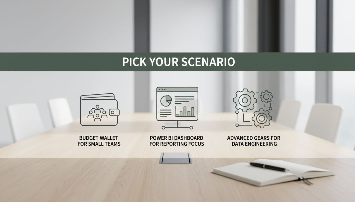 Three bold scenario icons—budget wallet for small teams, Power BI dashboard for reporting, and advanced gears for data engineering—arranged in a row on a clean conference table with notebook and pen. Features 'Pick Your Scenario' headline in Title Case on a muted dark-green horizontal band at the top in Montserrat Black font.