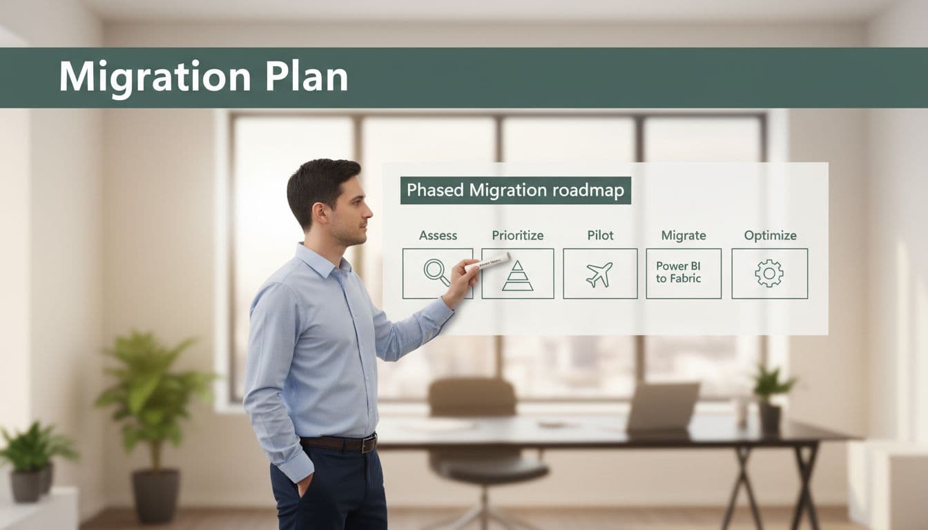 Project manager in modern office pinning phased migration roadmap on wall chart with steps assess, prioritize, pilot, migrate, optimize using simple icons, under warm lighting with top dark-green band and bold 'Migration Plan' headline.