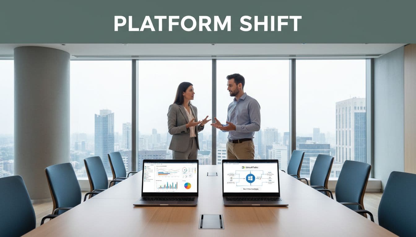 An executive team of two in a modern conference room discusses the shift from Power BI to Microsoft Fabric, with laptops displaying dashboards and data flow diagrams. Natural daylight illuminates the professional setting with a bold 'Platform Shift' headline in a muted dark-green band.