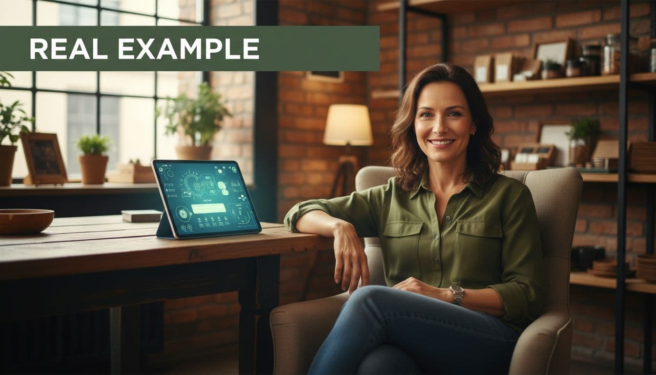 Confident retail store owner in cozy back office reviews sales dashboard on tablet showing conversational AI query results from Foundry-Fabric system, with warm lighting and photorealistic style featuring bold 'Real Example' headline on dark-green band.