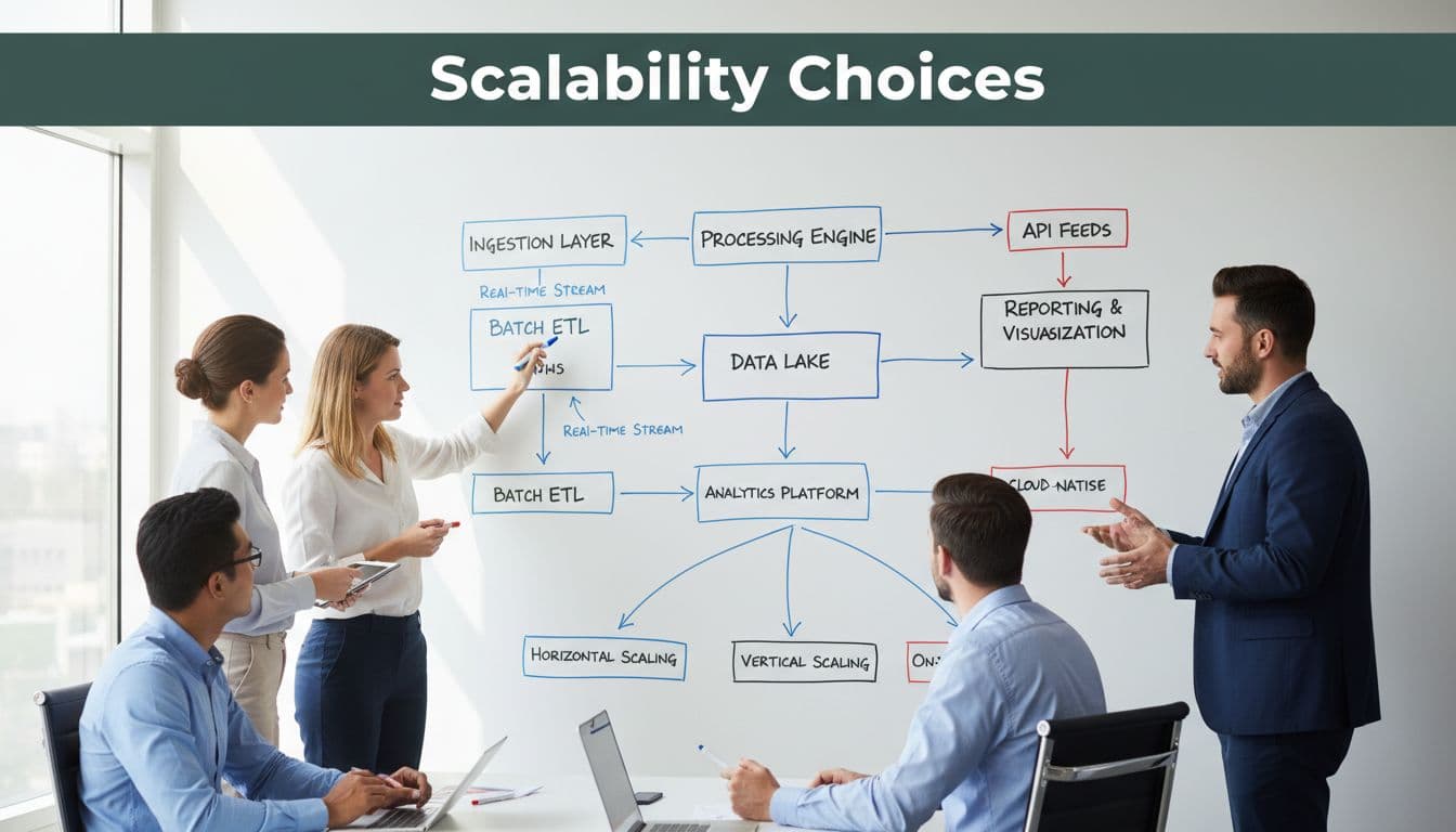 Four analytics team members discuss scaling data pipelines via a whiteboard flowchart in a bright conference room. Bold 'Scalability Choices' headline on a muted dark-green band emphasizes planning for growth.