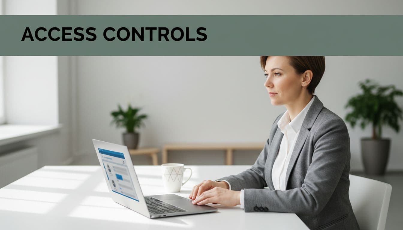 A small business IT manager at a desk in a modern office reviews access roles on a laptop screen, highlighted by a bold 'Access Controls' headline band.
