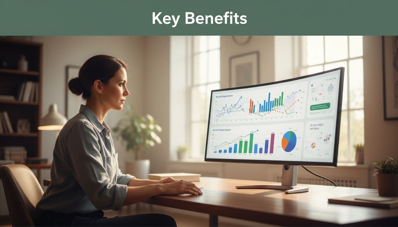 Small business owner at wooden desk in bright office views large monitor with colorful data charts and Fabric AI chat insights, featuring bold 'Key Benefits' headline on dark-green band. Realistic photo style with warm daylight lighting, high detail, focused on person and screen.