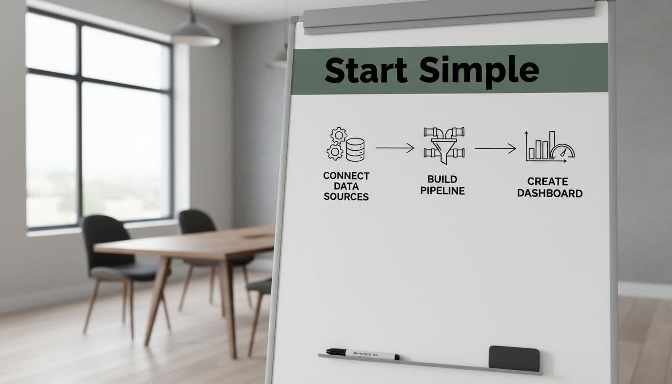 Step-by-step flowchart on a whiteboard in a small business meeting room depicting simple onboarding: connect data sources, build pipeline, create dashboard. Bold 'Start Simple' headline in muted dark-green band at top, illustrative realistic style with natural light, no people.