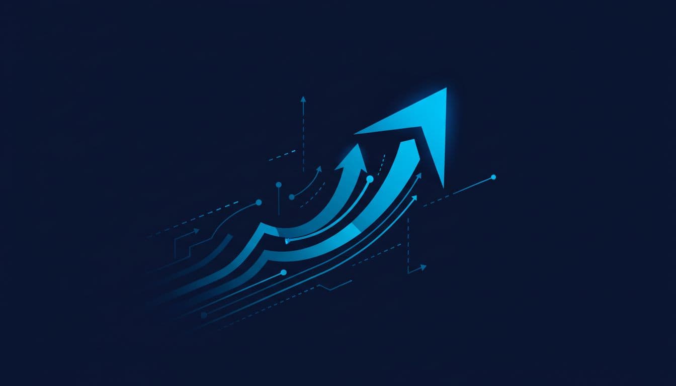 Abstract glowing blue data charts depict an upward trend against a minimalist dark navy background.