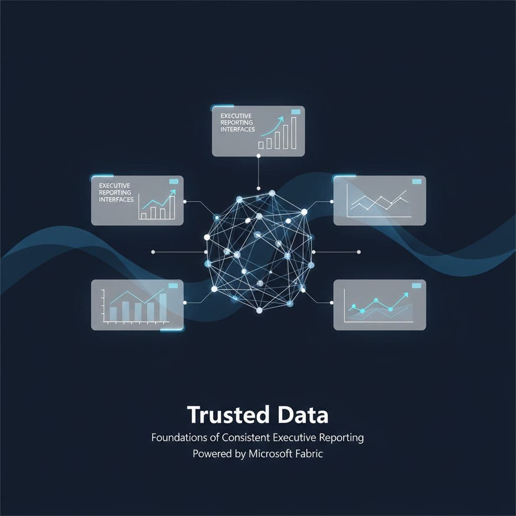 A dark navy background features glowing white lines connecting stylized nodes that represent structured data models. These elegant conduits flow toward a central interface designed for high-level executive dashboard reporting.