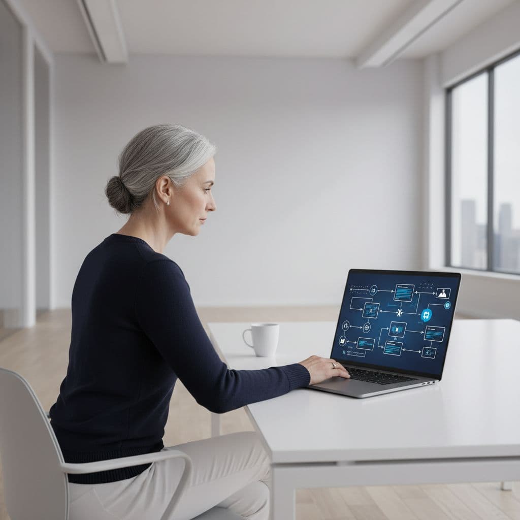 A focused professional works on a data pipeline schematic inside a clean minimalist office space.