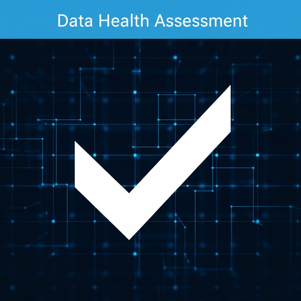 Stylized checkmark overlays abstract node grid under sky blue band with 'Data Health Assessment' headline.