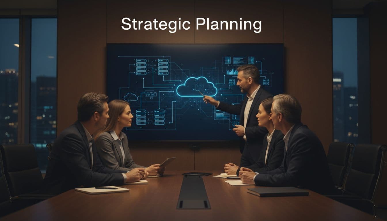 A focused group of consultants gathers around a large display wall featuring intricate architectural diagrams. They are analyzing complex cloud infrastructure models within a sophisticated office environment with warm, ambient lighting.