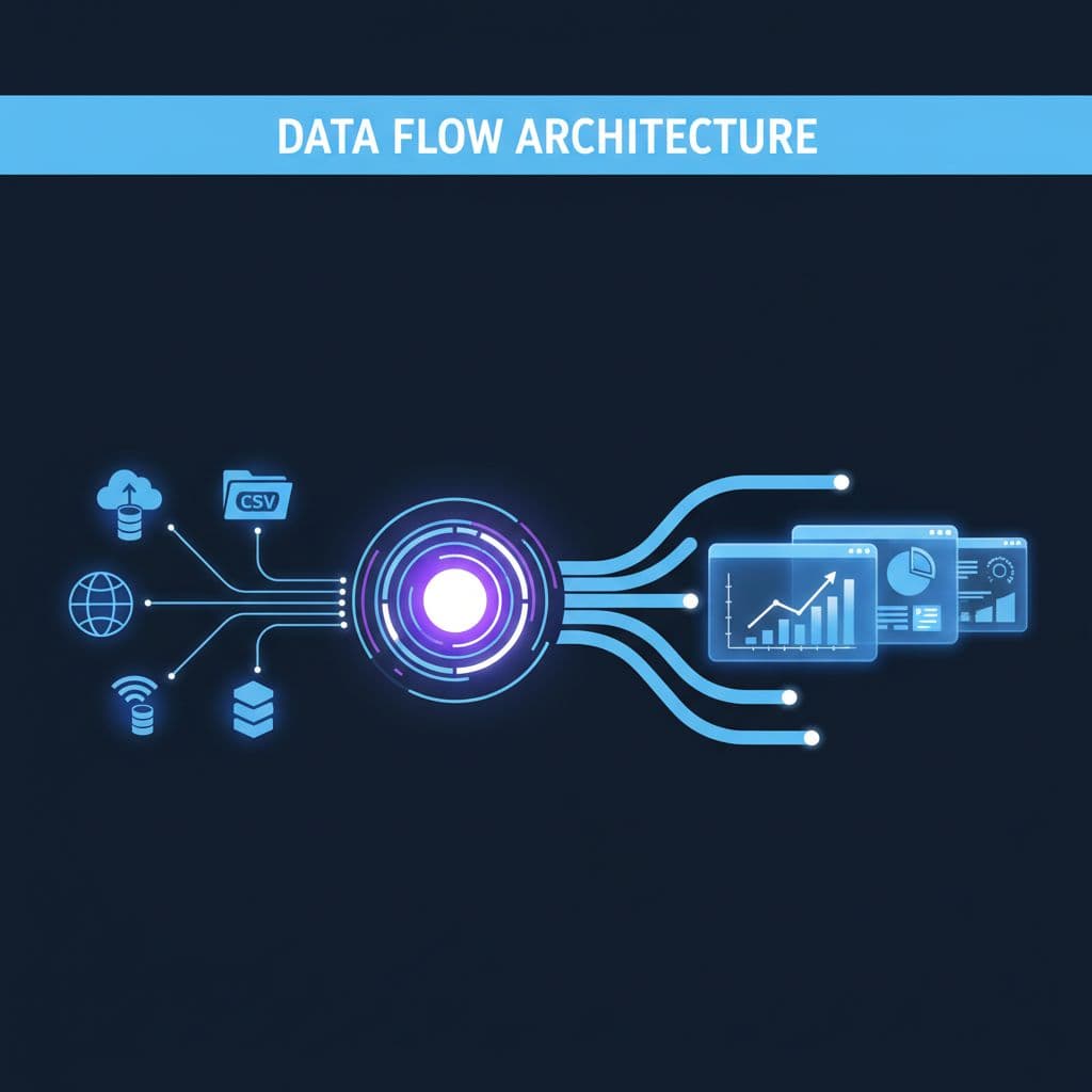 Data pipeline flows from left cloud icons through central glowing nexus to right charts and dashboards.