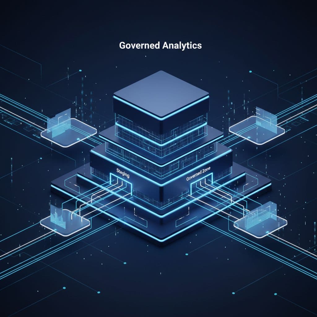 Luminous data streams flow along elegant blue paths into a structured dark navy basin. Bold white text labels the scene as Governed Analytics, emphasizing a clean and professional organizational layout.