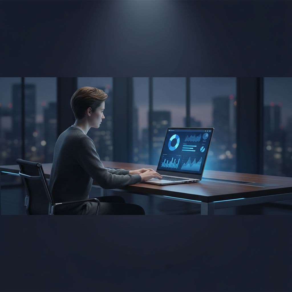 A professional focuses on a high-end laptop displaying vibrant blue and white data charts. The dark office setting features soft ambient lighting and a clean, minimalist design for maximum clarity.