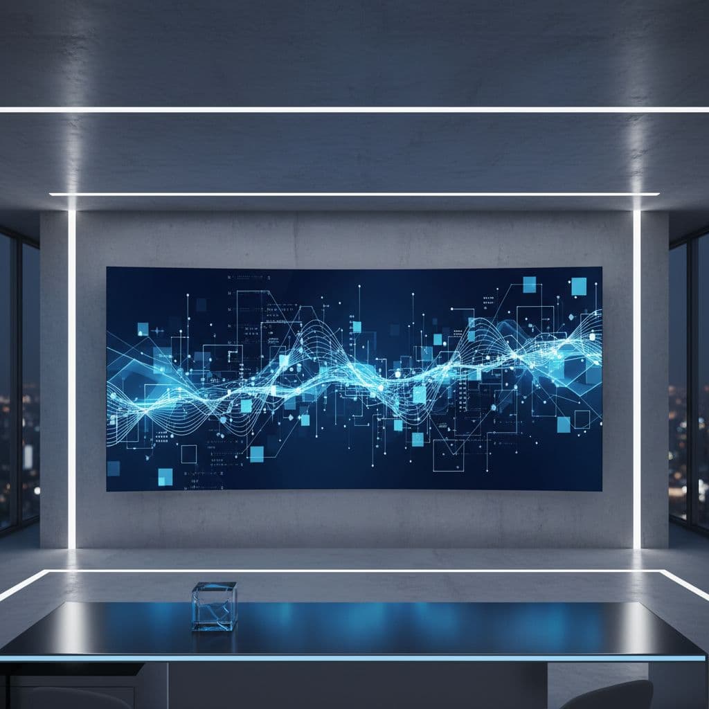 A sleek, minimalist digital data visualization graph displayed on a wall inside a professional office environment.