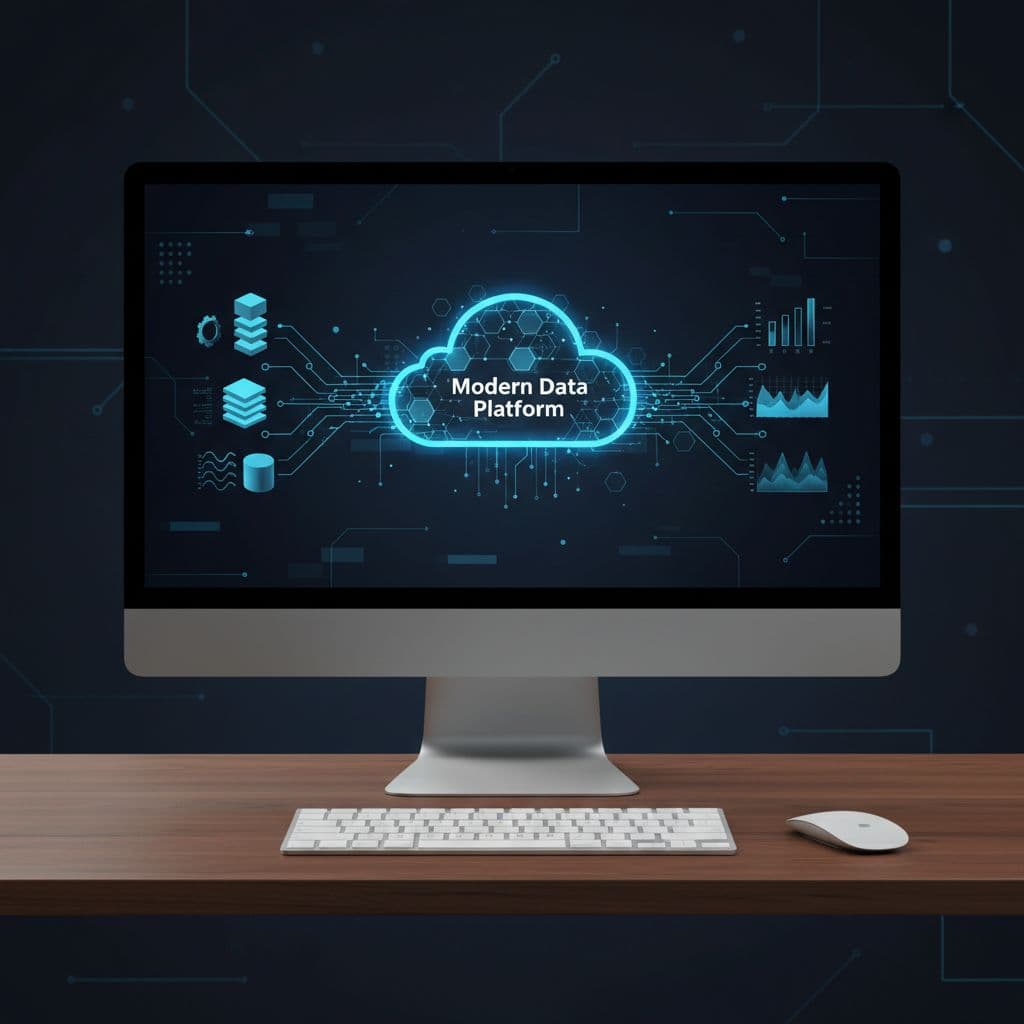 A sophisticated digital dashboard displays glowing data streams transitioning into a cloud environment. The dark navy interface uses clean lines and subtle blue accents to visualize complex infrastructure migration processes.