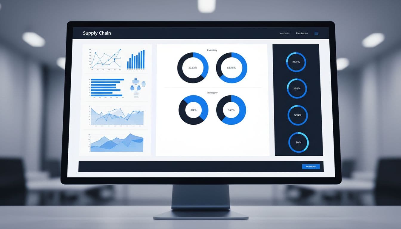 A professional office monitor displays a clean digital dashboard with inventory charts and performance metrics.