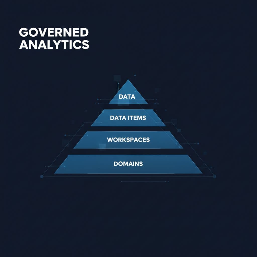 An abstract, layered digital structure representing organized data domains and workspaces on a dark navy background.