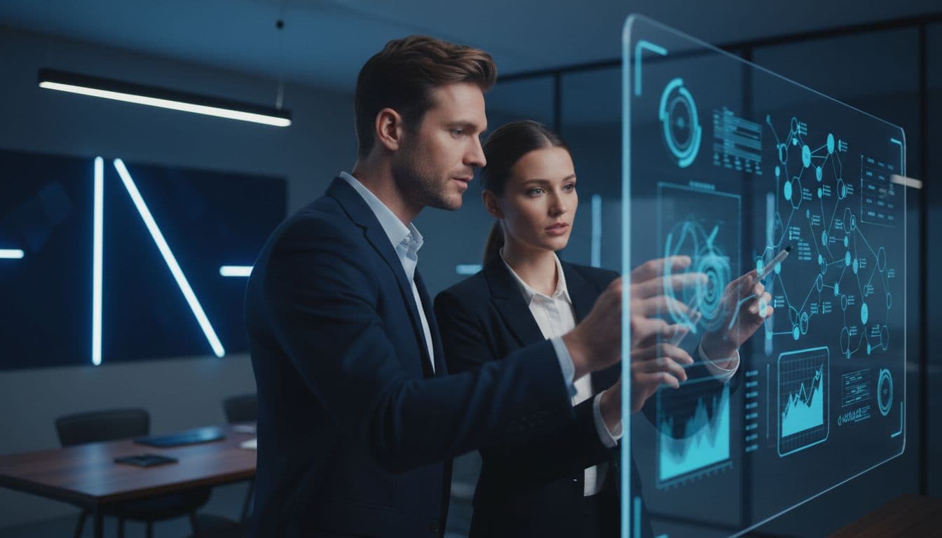 Two professionals work together looking at a shared digital display in a dark, modern office space.