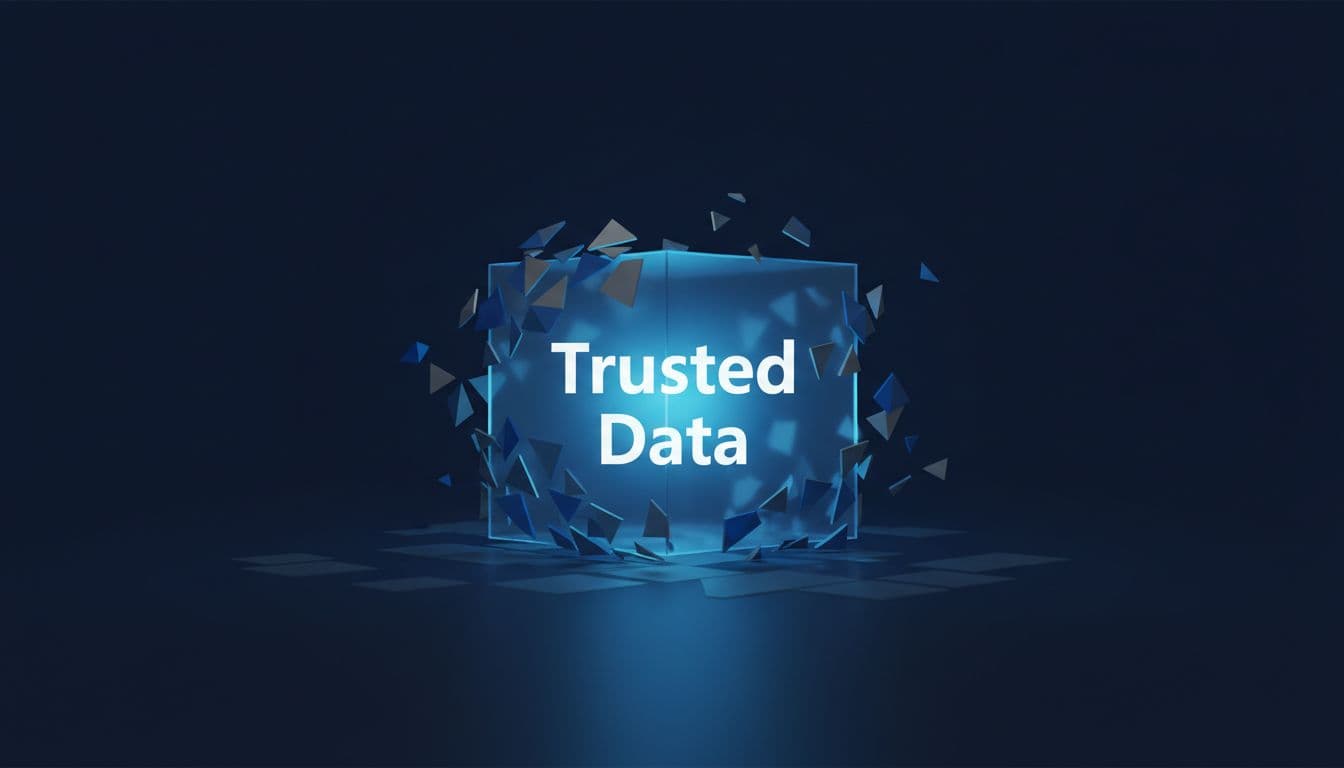 Fragmented data pieces assemble into a glowing blue box labeled Trusted Data against a dark background.