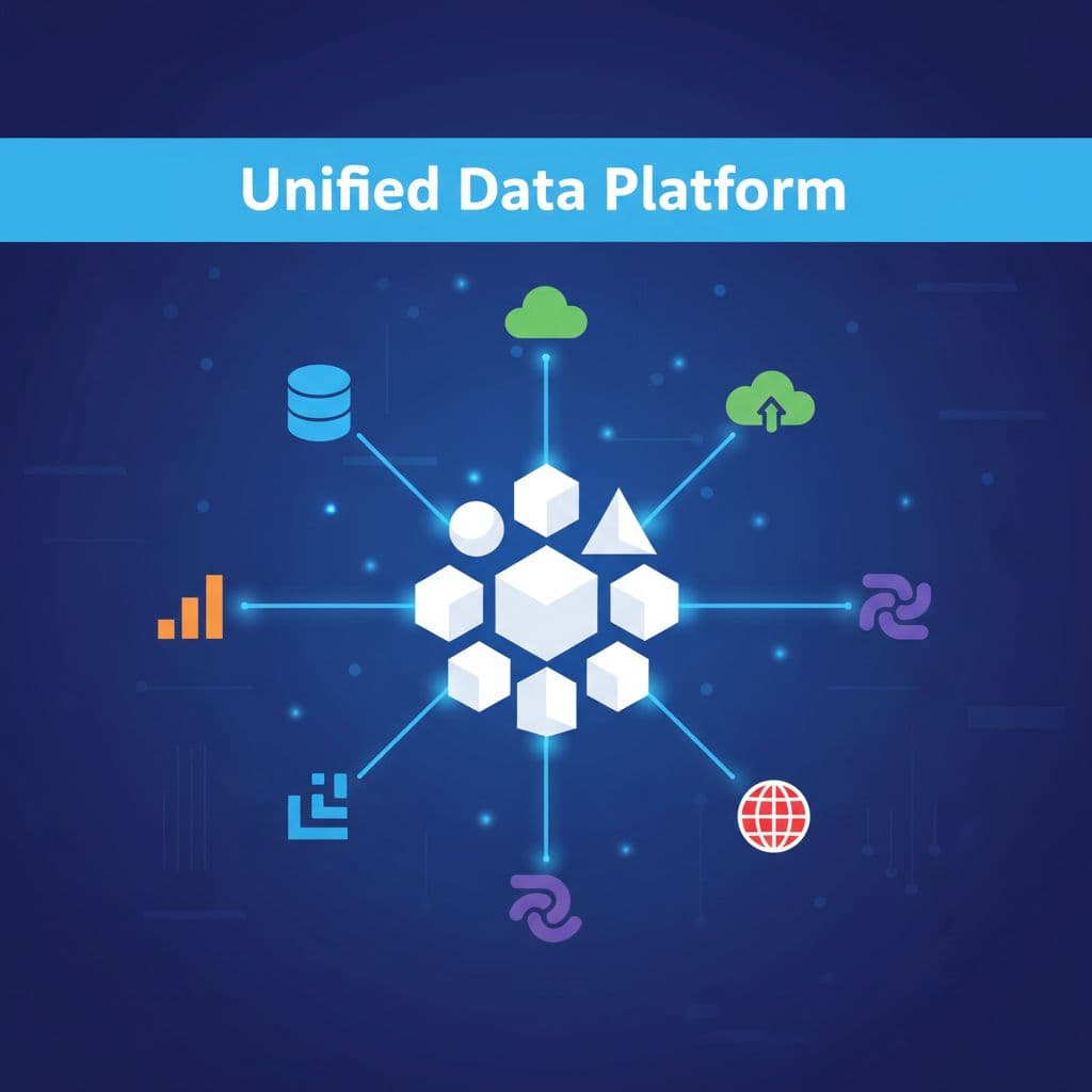 Solid hub icon with radiating connections to data sources, topped by sky blue band reading 'Unified Data Platform'.