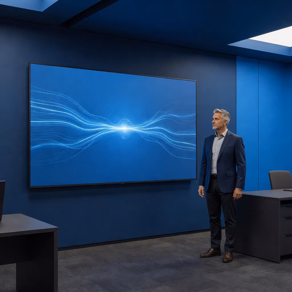 A professional in business casual attire reviews complex data visualizations on a large, wall-mounted monitor. The sleek, dark office environment features navy and blue accents, highlighting modern enterprise software integration workflows.
