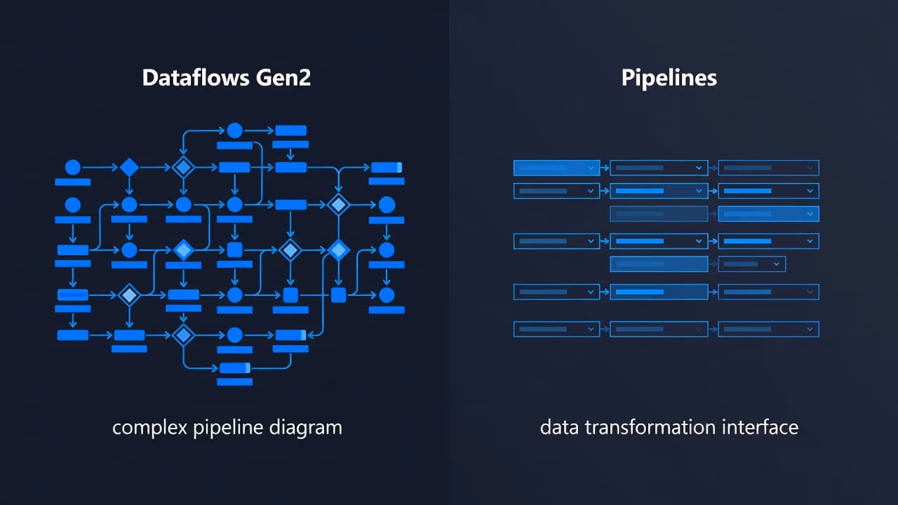 A split screen interface features complex pipeline flow diagrams on the left side, while the right side displays a streamlined data transformation dashboard using professional navy, charcoal, and vibrant blue accents.