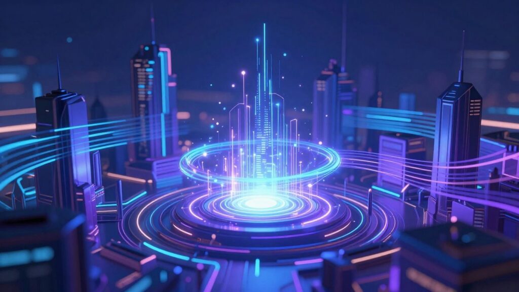 Futuristic cityscape with glowing data streams and AI core.