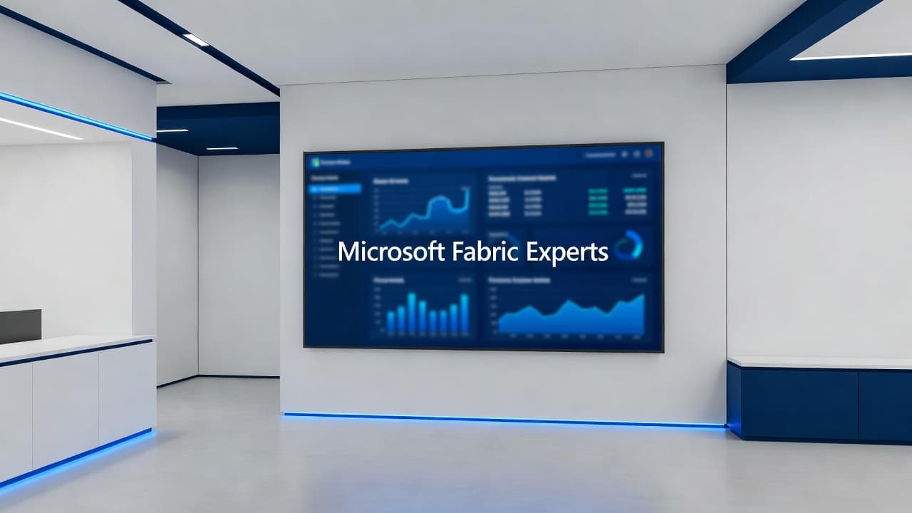 A sleek professional workspace features a large monitor displaying detailed Microsoft Fabric analytics. Navy and blue interface elements contrast against white surfaces, emphasizing a clean and highly technical consulting environment.