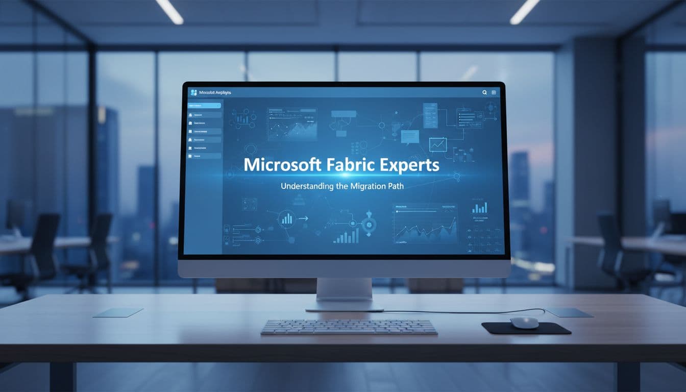 A minimalist desk features a computer monitor displaying an intricate digital analytics dashboard with blue accents. The center of the screen prominently displays the text Microsoft Fabric Experts in professional font.