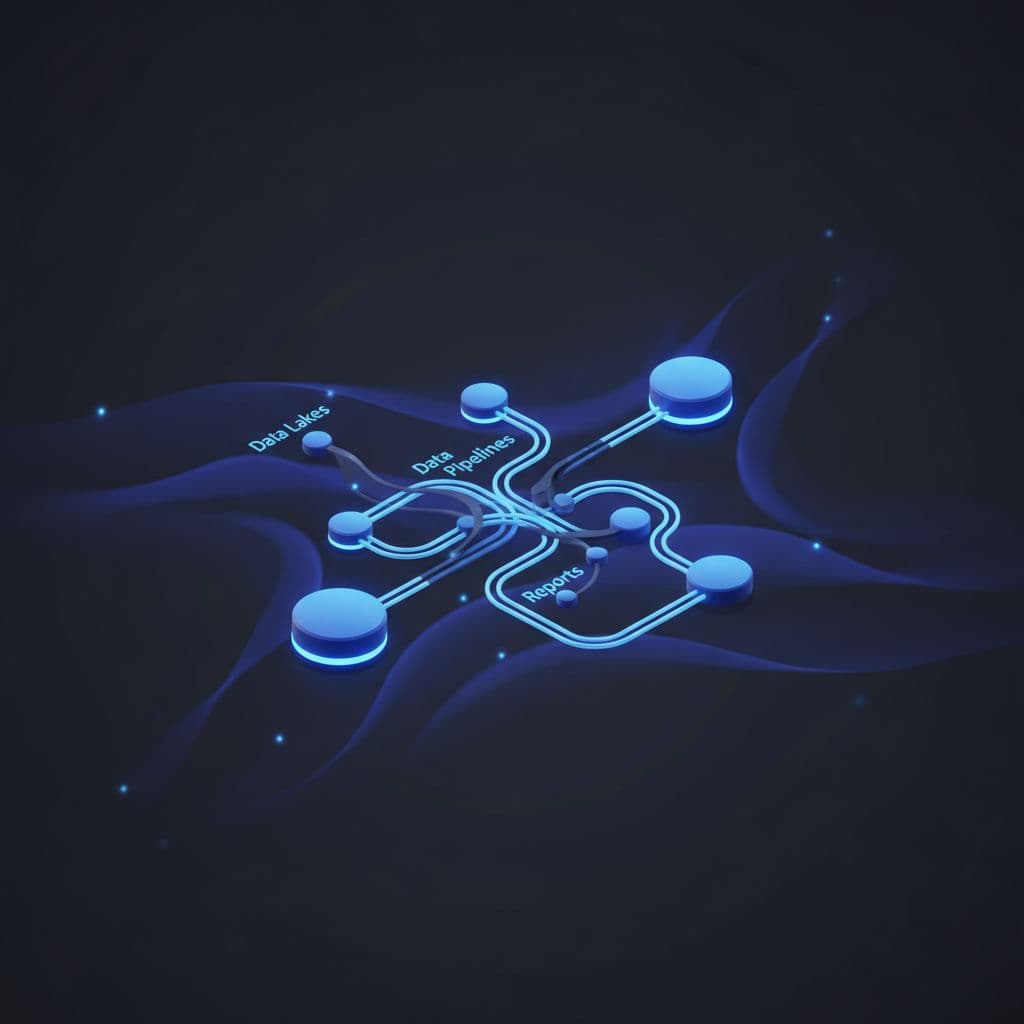 Microsoft Fabric data architecture showing connected data lakes, pipelines, and reports in a unified analytics platform.