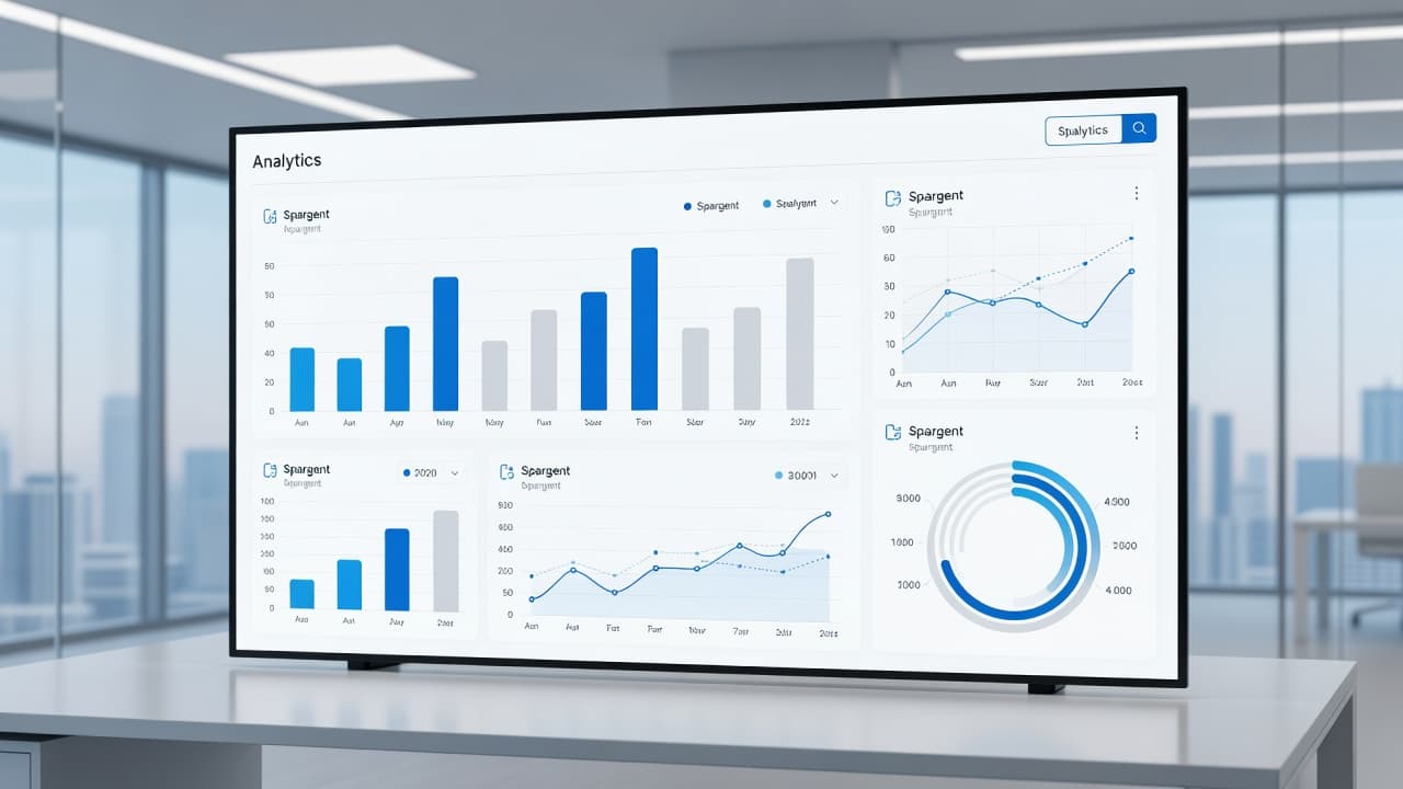 Analytics dashboard design example showing charts on a large office display for choosing visuals that reduce user effort.