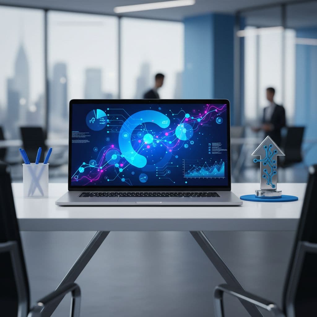 Laptop showing colorful data analytics charts on a desk in an office environment with blurred professionals in the background.