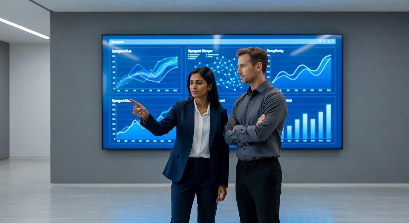 Two professionals in front of BI dashboards