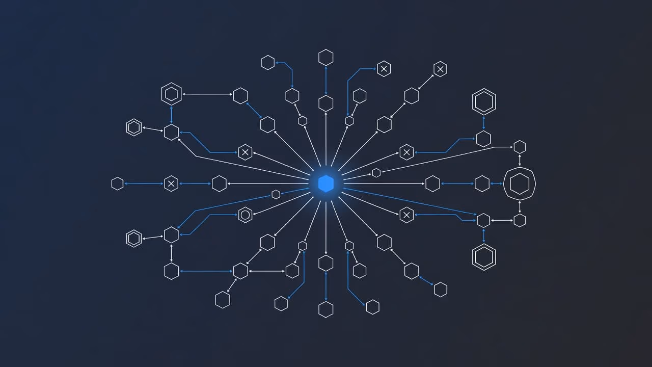 A sophisticated digital visualization features interconnected glowing nodes and streams of data against a dark navy background. Fine white lines map out complex organizational data flows with accents of vibrant blue.