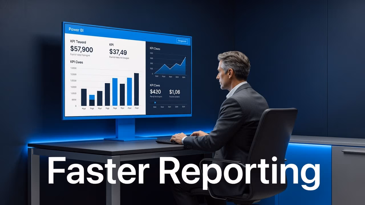 A professional uses Microsoft Power BI to analyze an interactive business intelligence dashboard featuring KPI cards, bar charts, and trend visualizations on a large monitor