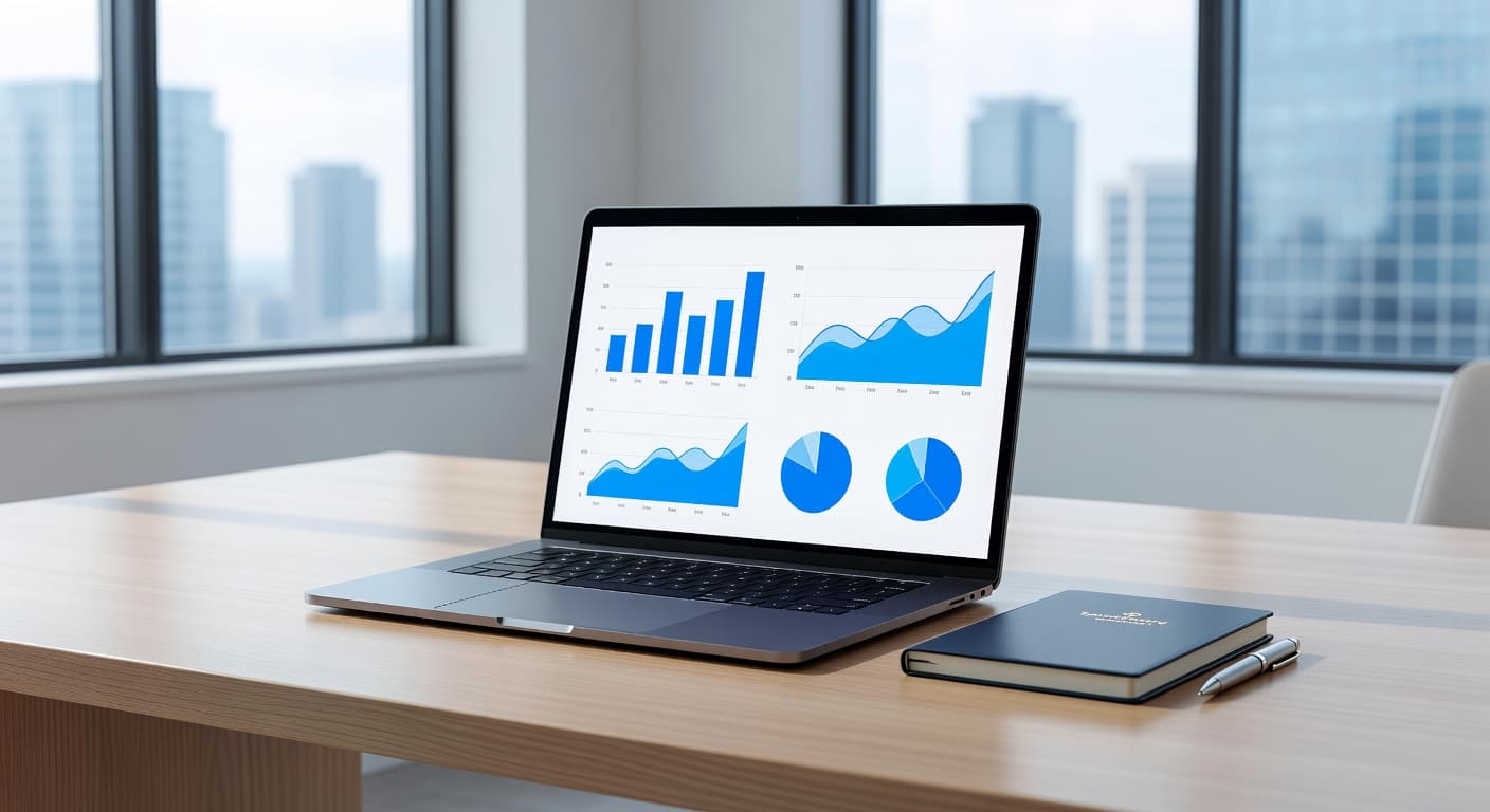 A high-end laptop displays clean blue analytical charts on a sleek desk surface. Natural sunlight illuminates the modern office environment, emphasizing a premium aesthetic suitable for strategic business project documentation.