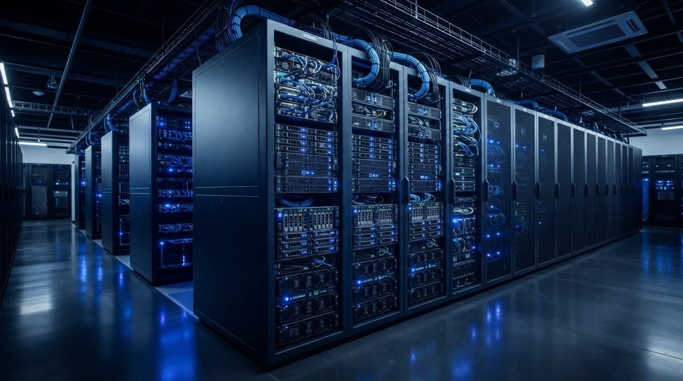 Server racks in a modern data center designed for data heavy analytics