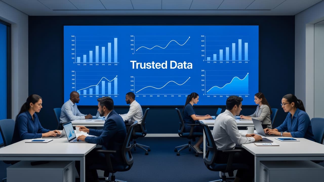 Microsoft Fabric implementation planning meeting with a dashboard showing analytics and business performance metrics.