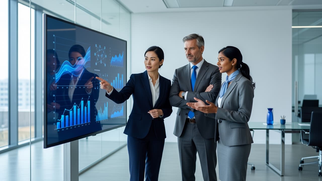 A professional team reviews business intelligence data on a monitor in an office.